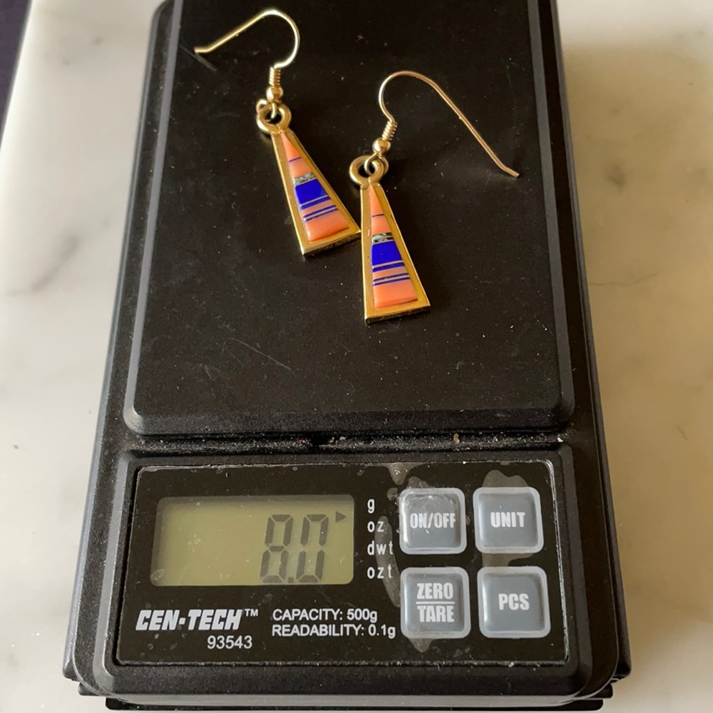 18K GOLD Zuni Native American Vintage Multi-stone Dangle Earrings - Picture 12 of 14
